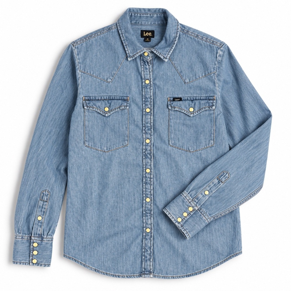 Lee Women's M Denim Western Shirt Pearl Snap Blue Cotton Button Down